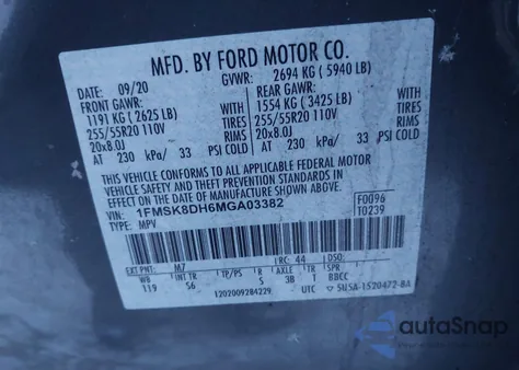 2021 Ford Explorer Xlt из США, поврежденный, VIN 1FMSK8DH6MGA03382